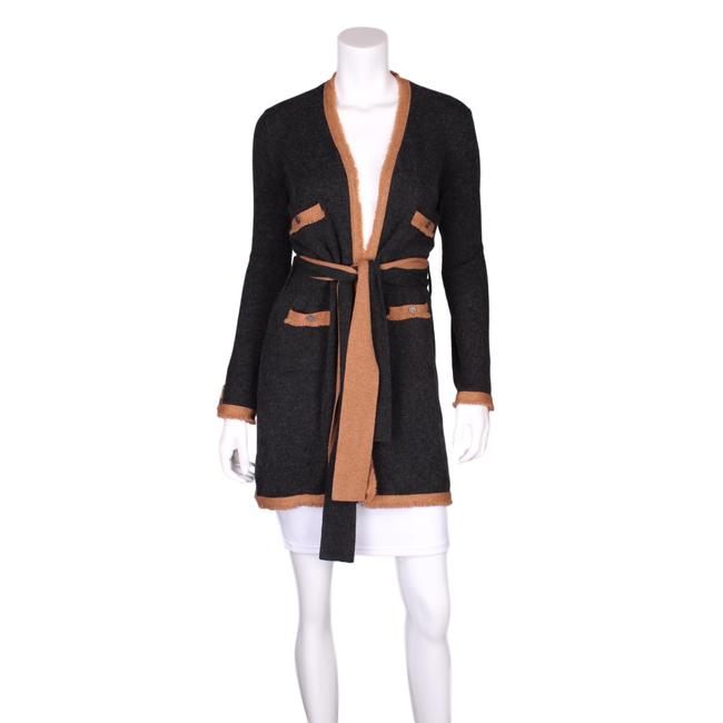 Chanel Gray Cashmere Sash Tie Brown Trim Logo Buttons Cardigan 0 M 