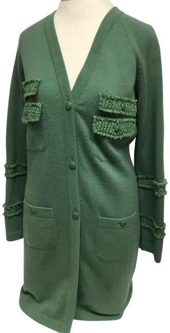 Chanel Green Sleeve with Tweed Trim and Logo Buttons Cardigan  S 