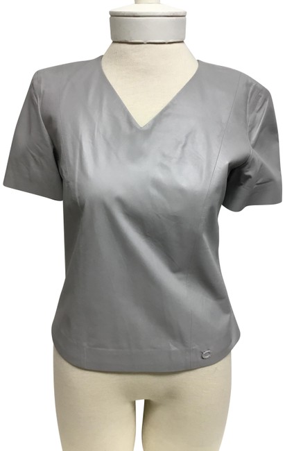 Chanel Grey Leather V Neck Short Sleeve BlouseS 