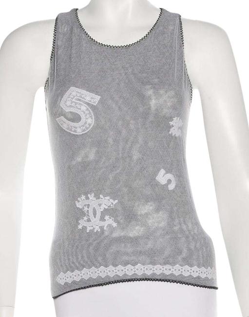 Chanel Grey White Black Cc Camellia Monogram V neck Small Blouse  S 