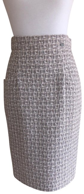 Chanel Grey Brown Ivory Classic Tweed Pencil Skirt  S 28 