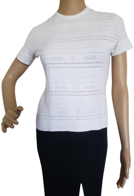 Chanel Interlocking Cc Perforated Short Sleeve White Sweater 