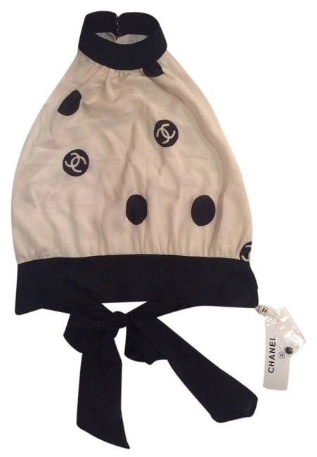 Chanel Ivory White and Black Polka Silk Halter TopS 