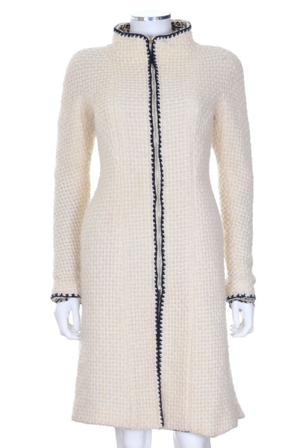 Chanel Ivory White &amp Black Trim Knit Long Jacket CoatS 