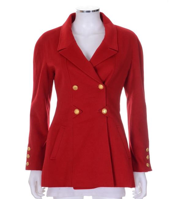 Chanel Red Cashmere Gold Cc Button Coat Jacket  S 