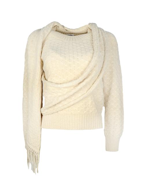 Chanel Knit with Attached Scarf Cream Sweater 