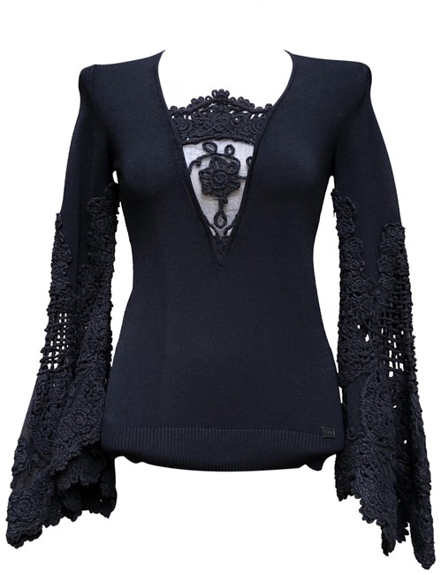 Chanel Lace Inset Knit Blouse Black Sweater 