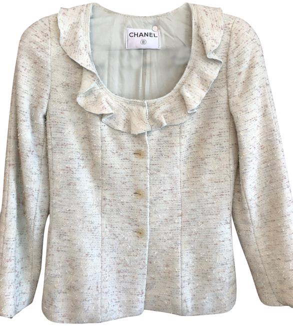 Chanel Light Green Tan Baby Blue Vintage Wool Blend Knit Tweed Jacket  