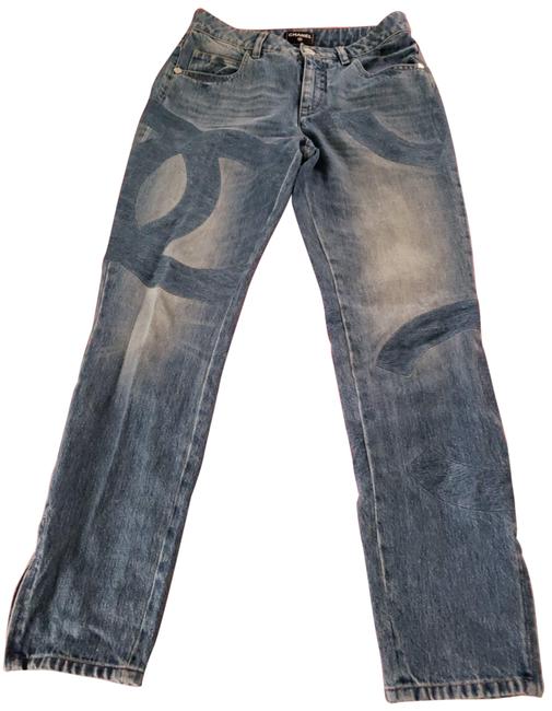 Chanel Logos Navy Blue Distressed No Straight Leg Jeans 8 4 S 