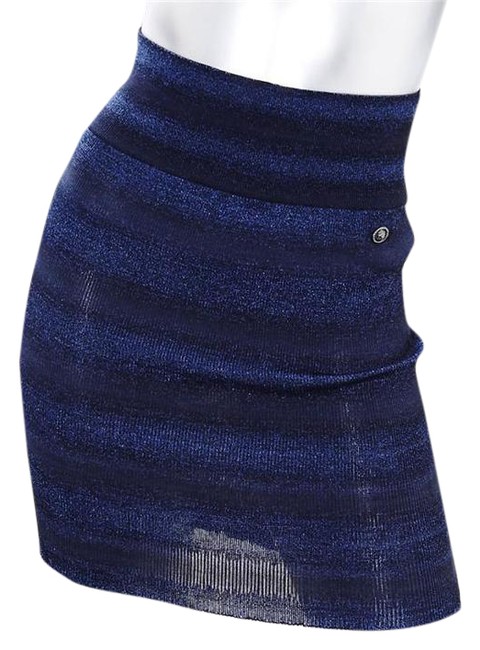 Chanel Metallic Blue Stretch Ribbed Waist Mini Short Skirt  29 30 