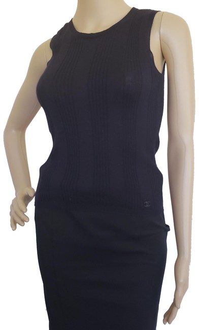 Chanel Midnight Cashmere Silk blend Rib Knit Cc Sleeveless Black Sweater 
