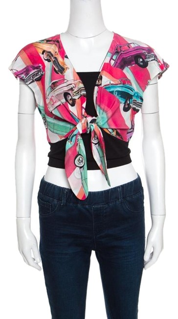Chanel Multicolor Printed Silk Tie Front Cropped S BlouseS 