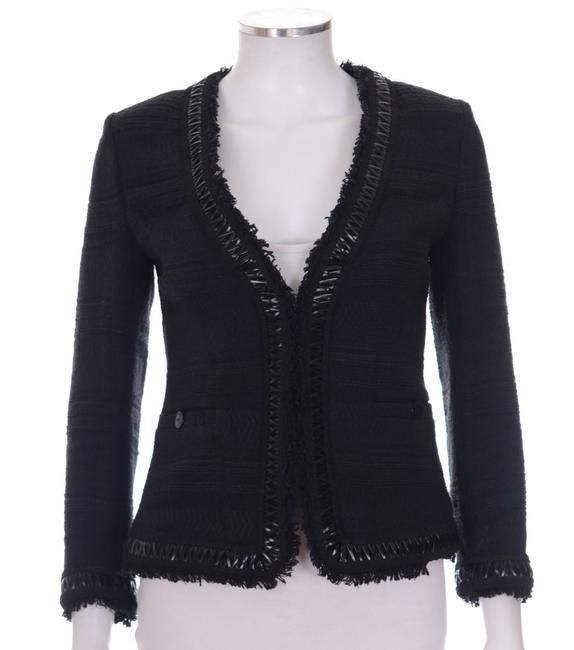 Chanel Navy &amp Black Tweed Fringe Leather Trim Blazer Coat Jacket  S 