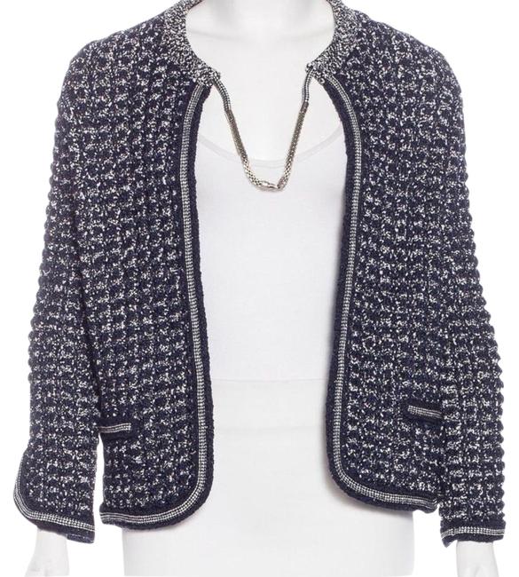 Chanel Navy and White 12s Knit with Chain Cardigan