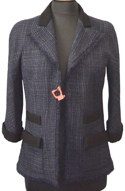 Chanel Navy Black Wool Silk Logo Metallic Jacket Blazer  