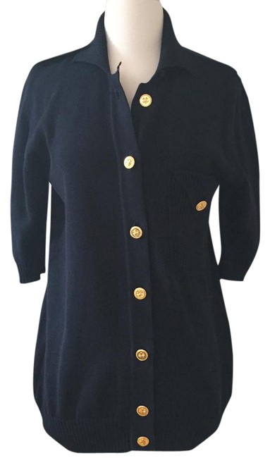 Chanel Navy Blue Classic Cotton with Clover Buttons CardiganS 