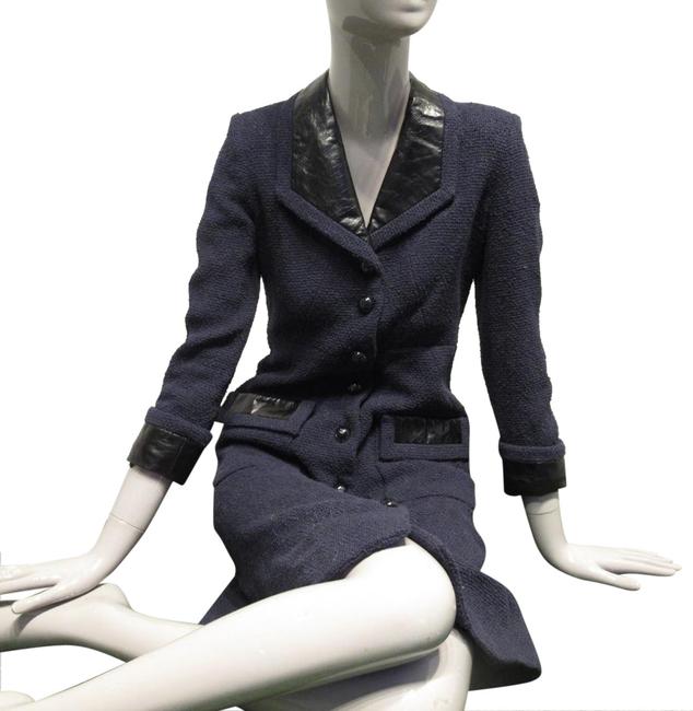 Chanel Navy Blue Cotton Tweed Top with Calfskin Insets Coat Size OS one size 