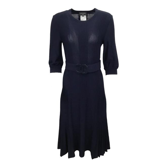 Chanel Navy Blue Knit with Logo Belt Mid length Work Office Dress  