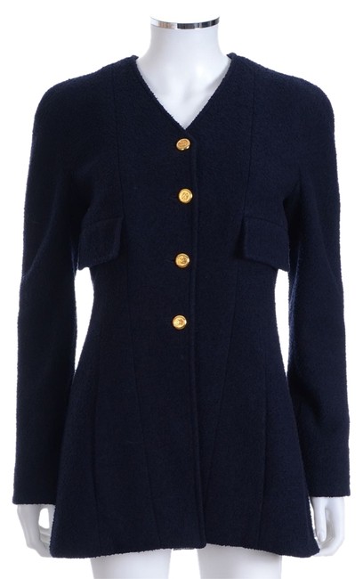Chanel Navy Blue Tweed Boucle Long Coat Jacket  S 