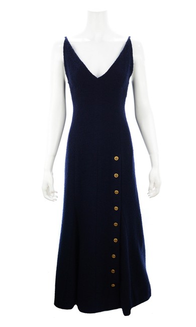 Chanel Navy Boutique Blue Wool Blend Sleeveless Formal Dress  S 