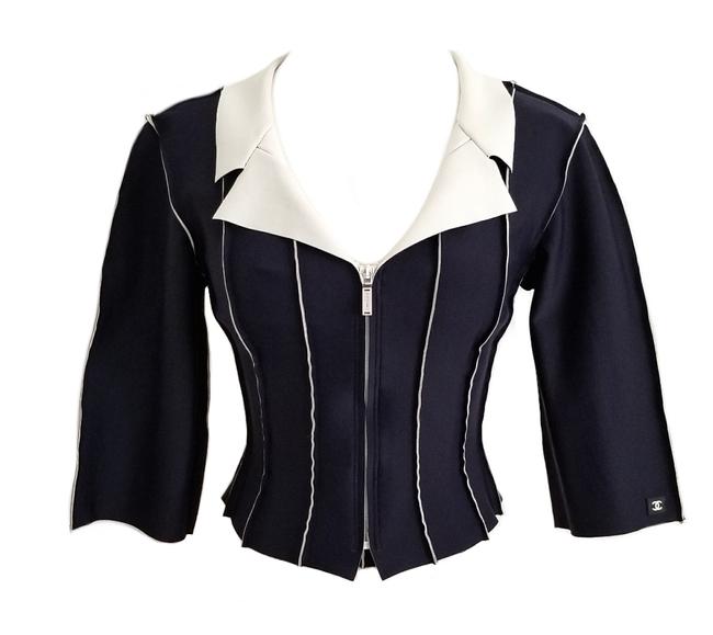 Chanel Navy Cropped Neoprene Zip Up Jacket