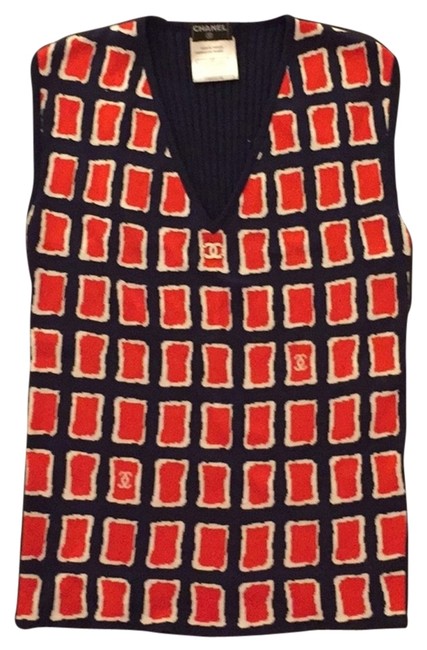 Chanel V neck Sleeveless Navy Red White Sweater 