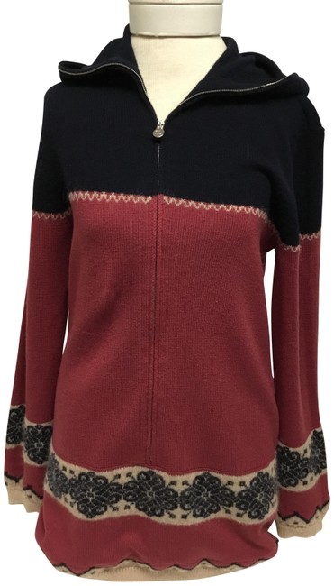 Chanel Navy Snowflake Zip Front Burgundy Sweater 