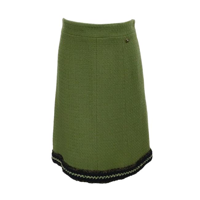 Chanel Olive Green Tweed with Embellished Hem Skirt  S 28 