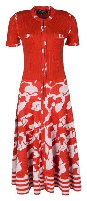 Chanel Orange And White Floral Knit Zip Front Casual Maxi Dress 0 M 