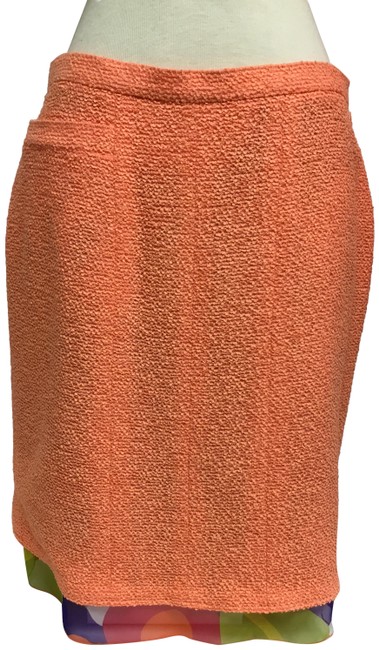 Chanel Orange Tweed Pencil with Printed Silk Chiffon Skirt 0 M 31 