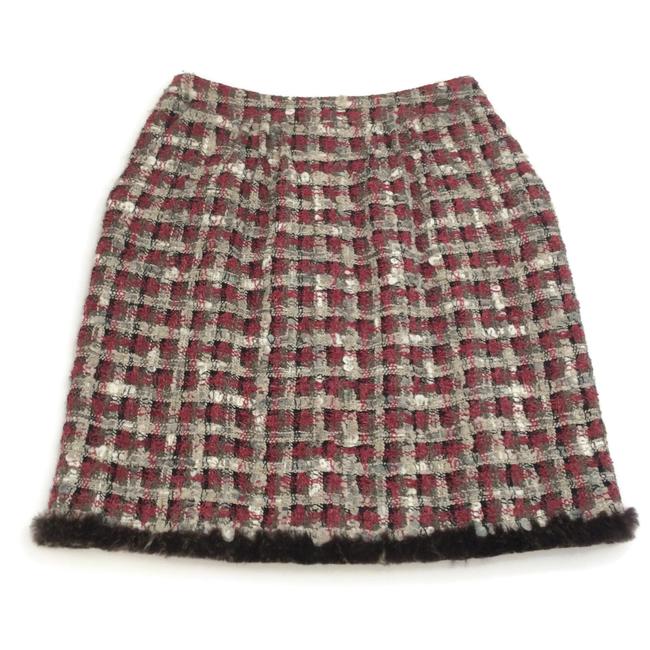 Chanel Oxblood Grey Tweed with Rabbit Trim Skirt  S 28 