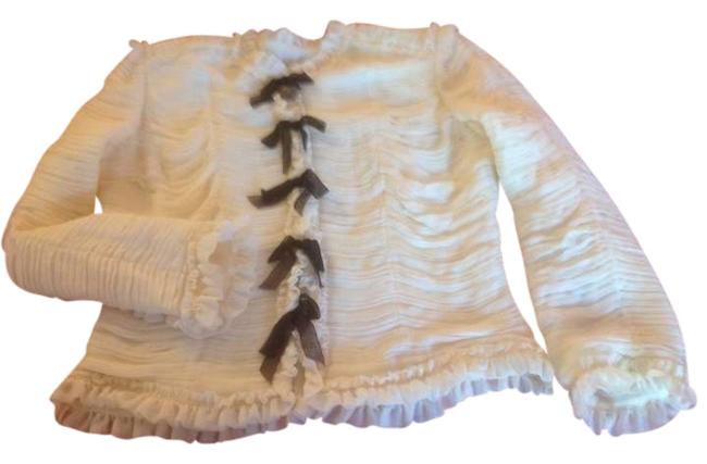 Chanel Oyster Beige Black Ties Logo On Cuff Blouse  S 