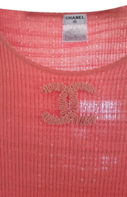 Chanel Peach Orange Stretch Knit Shirt Cc Logo Blouse  