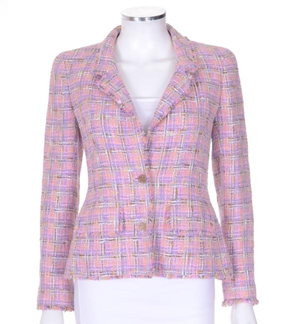 Chanel Pink &amp Lavender Boucle Tweed Fringe Blazer Jacket  S 