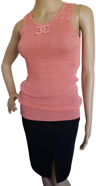Chanel Pink Peach Interlocking Cc Crochet Sleeveless Knit Blouse  S 