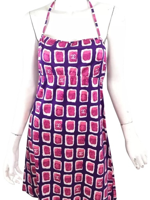 Chanel Purple Cc Fuchsia Print Halter Short Casual Dress  