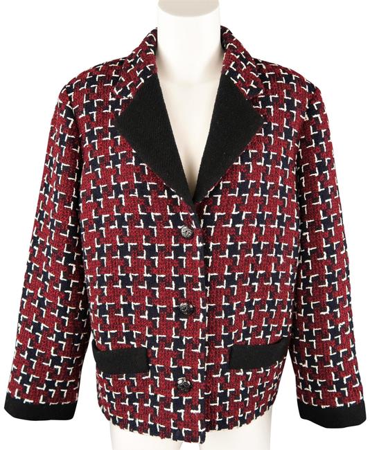 Chanel Red Burgundy &amp Navy Tweed Black Collar Fall 2015 Jacket
