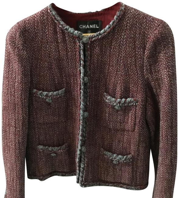 Chanel Red Grey Tweed Classic Jacket  S 