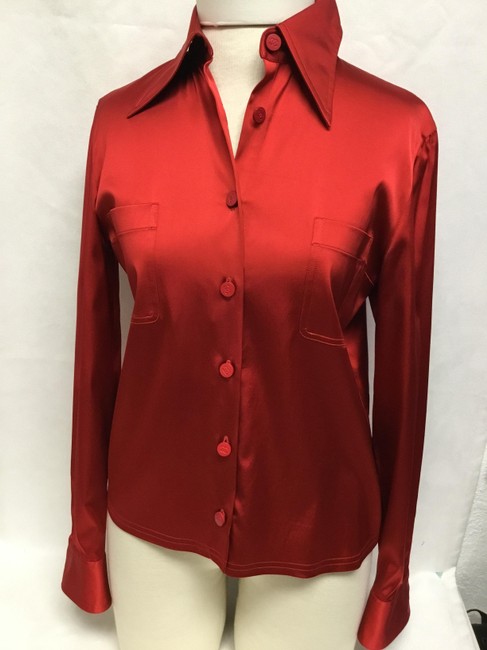 Chanel Red Long Sleeve with Logo Buttons BlouseS 