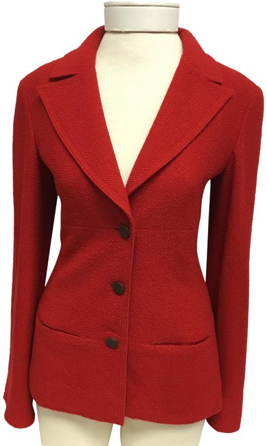 Chanel Red Tweed Jacket with Brown Logo Buttons BlazerS 
