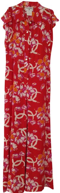 Chanel Red Pink Orange Silk Floral Chan Logo Print Shoulder Slit Romper Jumpsuit 