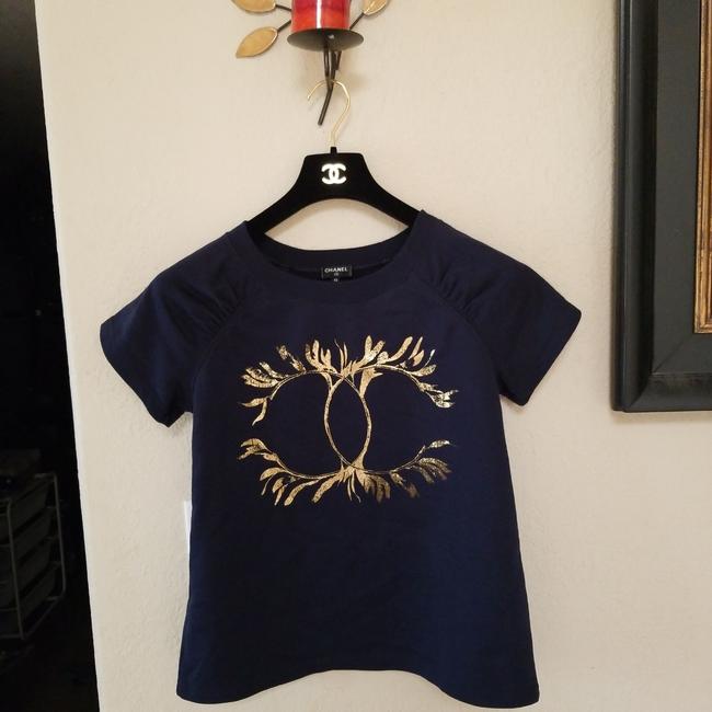 Chanel Short Sleeve Gold Logo Navy Sweater 