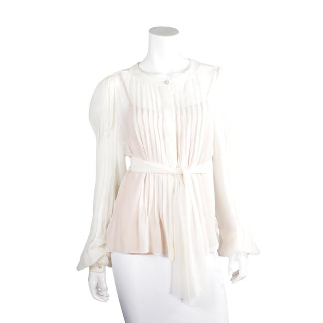 Chanel Tan &amp Ivory White Sheer Silk Ruffle Blouse