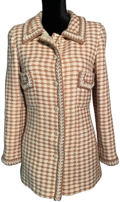 Chanel Tan &amp White Check Wool Alpaca Mohair Blazer  S 
