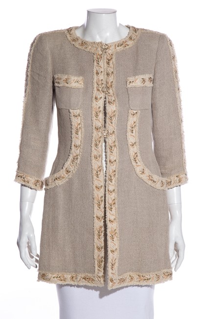 Chanel Tan Beige Fringe Trimmed Collarless JacketS 