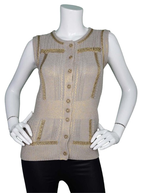 Chanel Taupe &amp Gold Chain Detail Vest 38 Tank Top Cami 
