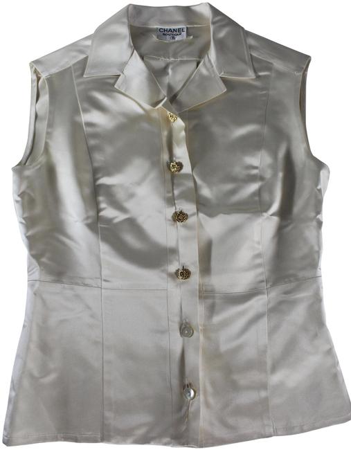 Chanel Vintage Cream &quotDuchess Satin&quot Gold Button Blouse  