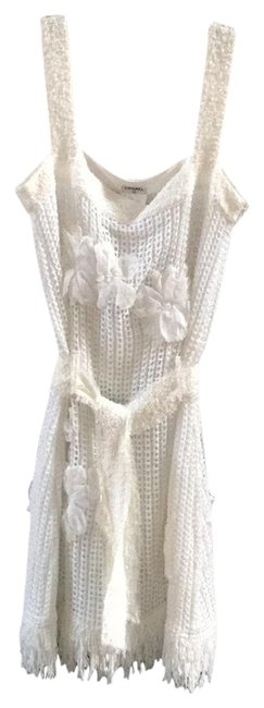 Chanel White 15p Knit Camelia Chiffon 40 Short Casual Dress  S 