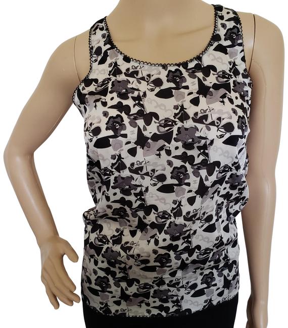 Chanel White Black Grey Ivory Cc Logo Silk Sleeveless Blouse  S 