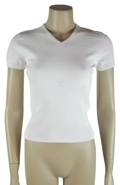 Chanel White Cc V Neck Sleeve Tee Shirt  S 
